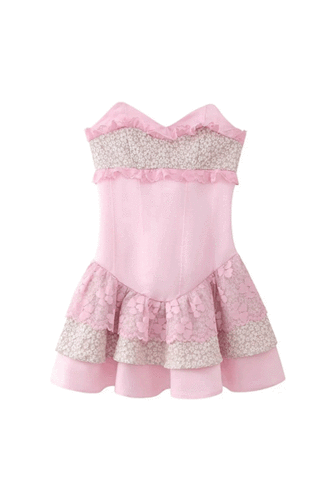 레이스 패치 워크 튜브 탑 핑크 드레스 (S,M)