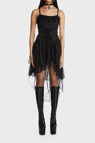 Gothic Ghost Frilly Lace High Low Strap Dress